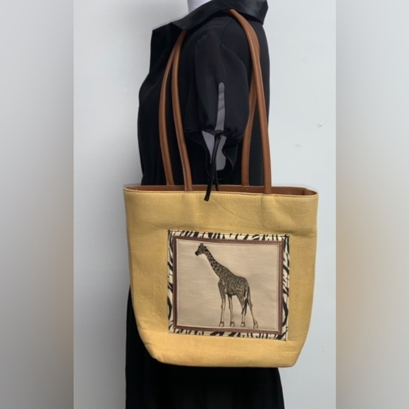 Handbags - Tan Tote Handbag Brown Leather Straps/Zebra Print Trim Embroidered Giraffe NWOT